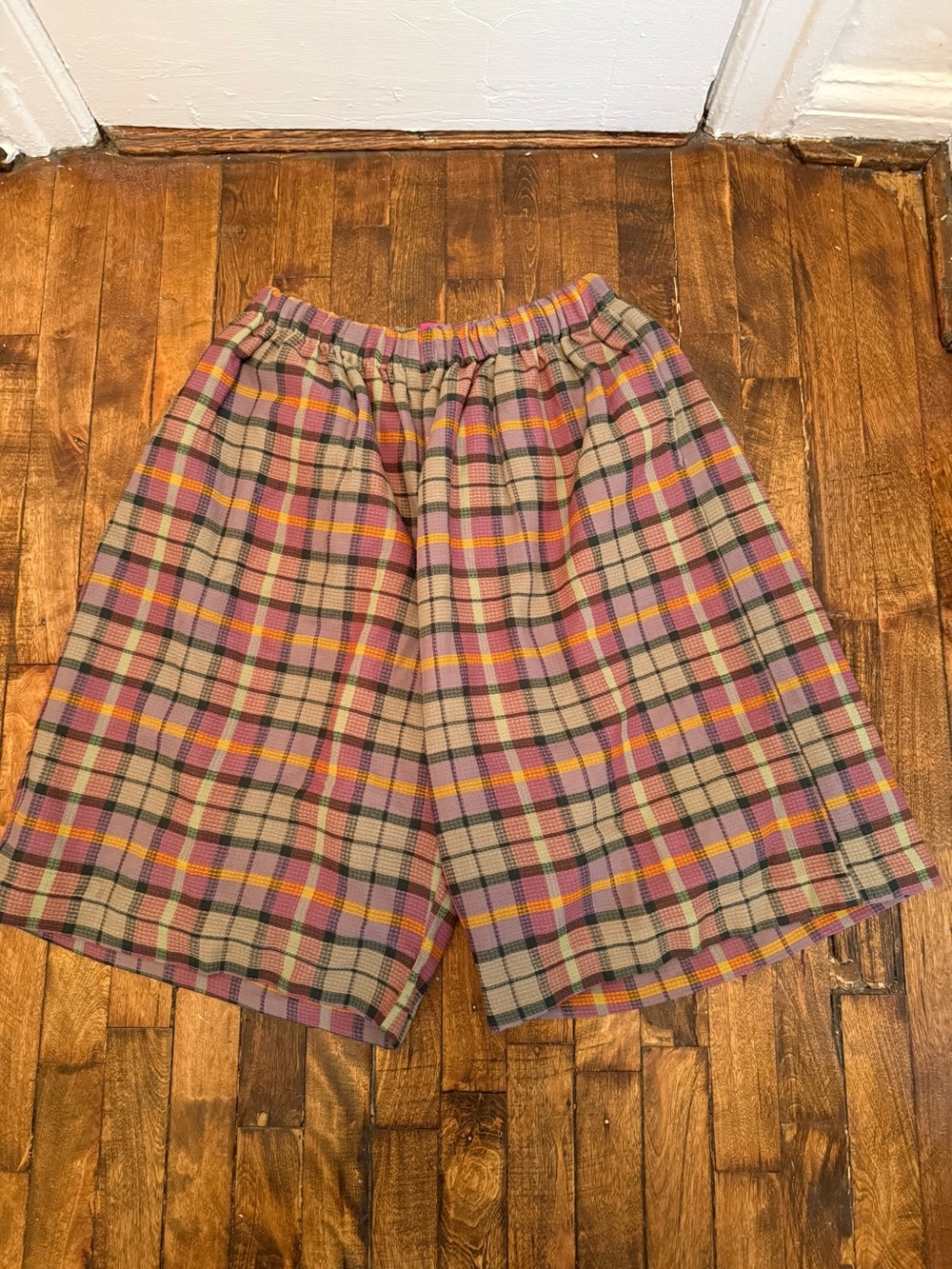Elder Statesman Plaid Elastic Waist Shorts in Tan, Pink & Purple
